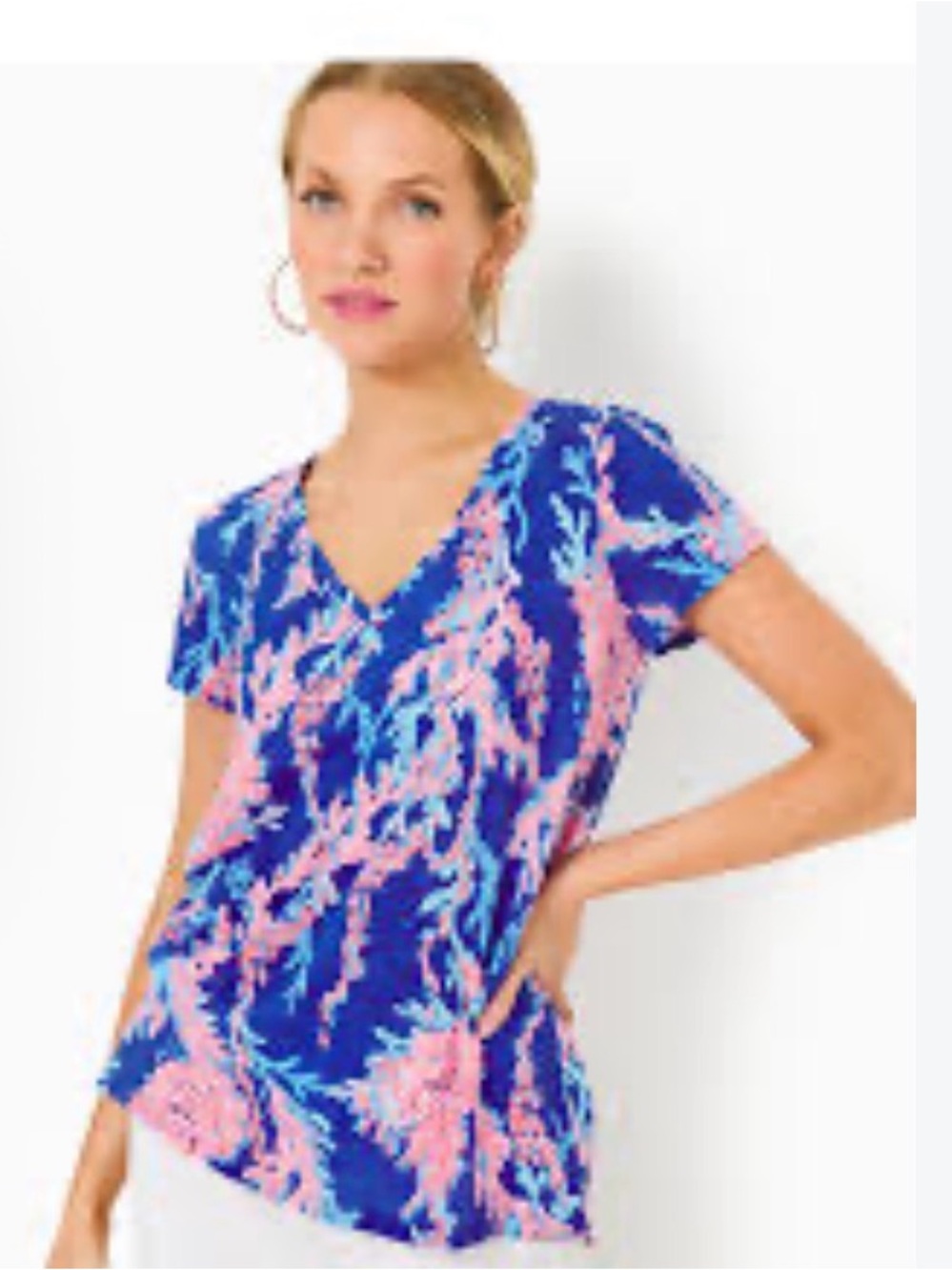 Lilly Pulitzer ETTA blue & Pink V-Neck Short Sleeve Tee Sz S NWOT